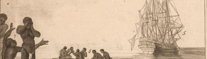 Image of enslaved people being delivered to a slave ship